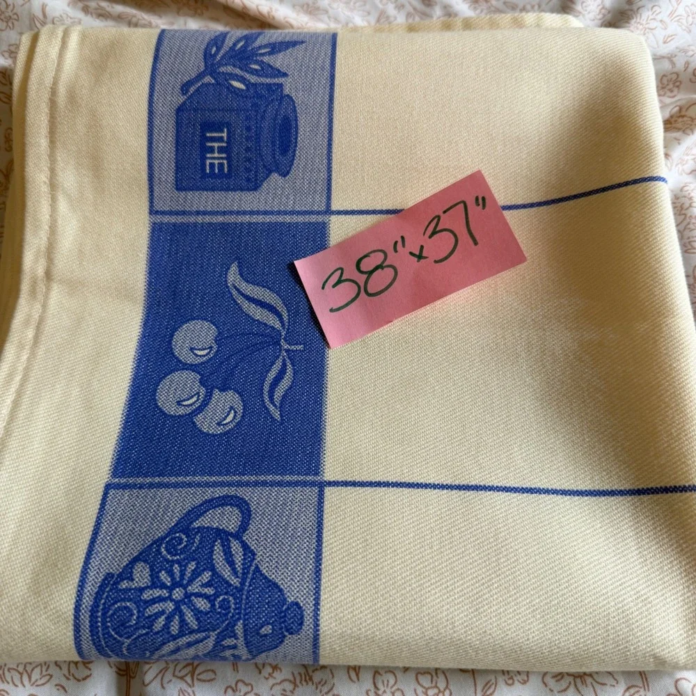 Vintage Blue Cream Cotton Tablecloth Teapot Cherry French Country 38x37